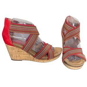 Sofft Red Multicolor Wedge Sandals Striped Elastic Straps Women's Size 8.5M